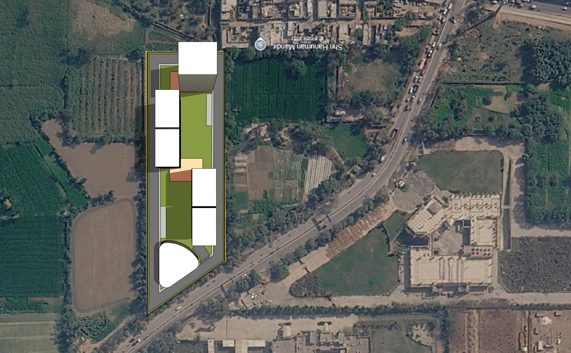 Illustrative master plan placed over the full Pooth Khurd site
